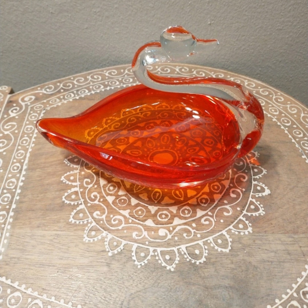 Vintage Orange Retro Hand Blown Glass Swan Bowl Dish Trinket